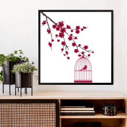 Obraz w ramie Czerwony ptak w klatce na gałęzi z kwiatami