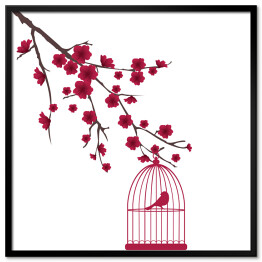 Plakat w ramie Czerwony ptak w klatce na gałęzi z kwiatami