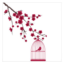 Plakat samoprzylepny Czerwony ptak w klatce na gałęzi z kwiatami