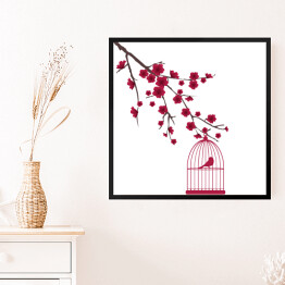 Obraz w ramie Czerwony ptak w klatce na gałęzi z kwiatami
