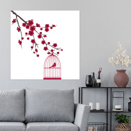 Plakat samoprzylepny Czerwony ptak w klatce na gałęzi z kwiatami