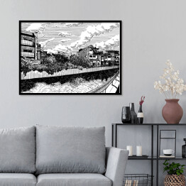 Plakat w ramie Wiejskie domy nad kanałem wodnym w Matsuyamie - rysunek tuszem 