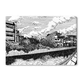 Wiejskie domy nad kanałem wodnym w Matsuyamie - rysunek tuszem 