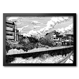 Obraz w ramie Wiejskie domy nad kanałem wodnym w Matsuyamie - rysunek tuszem 
