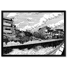 Plakat w ramie Wiejskie domy nad kanałem wodnym w Matsuyamie - rysunek tuszem 
