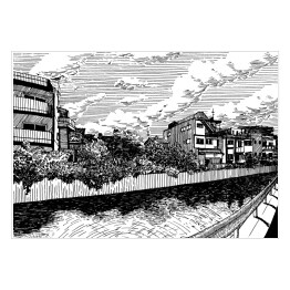 Wiejskie domy nad kanałem wodnym w Matsuyamie - rysunek tuszem 
