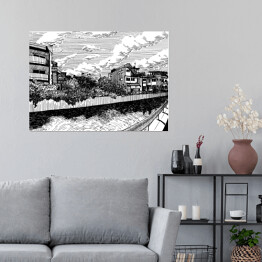 Plakat samoprzylepny Wiejskie domy nad kanałem wodnym w Matsuyamie - rysunek tuszem 