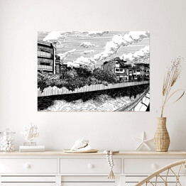 Plakat Wiejskie domy nad kanałem wodnym w Matsuyamie - rysunek tuszem 