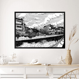 Obraz w ramie Wiejskie domy nad kanałem wodnym w Matsuyamie - rysunek tuszem 