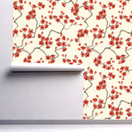Tapeta w rolce Czerwone azjatyckie kwiaty - akwarela na białym tle