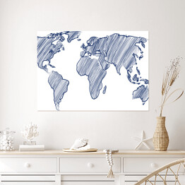 Plakat samoprzylepny Mapa świata rysowana niebieskimi kreskami
