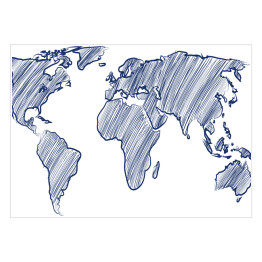 Plakat samoprzylepny Mapa świata rysowana niebieskimi kreskami