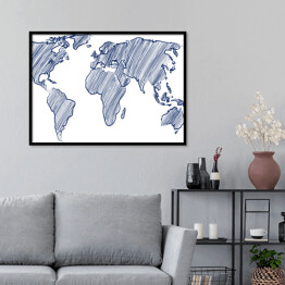 Plakat w ramie Mapa świata rysowana niebieskimi kreskami
