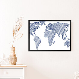 Obraz w ramie Mapa świata rysowana niebieskimi kreskami