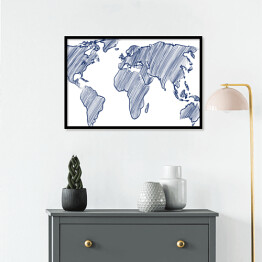 Plakat w ramie Mapa świata rysowana niebieskimi kreskami