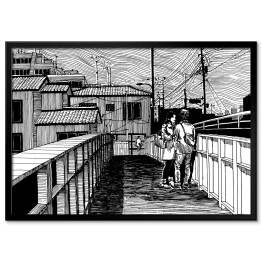 Plakat w ramie Para na moscie w mieście - rysunek