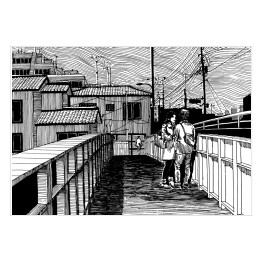 Plakat samoprzylepny Para na moscie w mieście - rysunek
