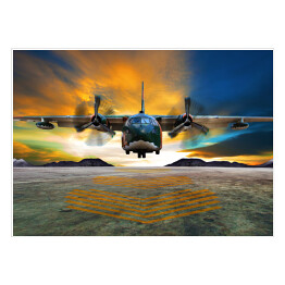 Lądowanie samolotu wojskowego na tle płomiennego nieba