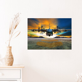 Plakat samoprzylepny Lądowanie samolotu wojskowego na tle płomiennego nieba