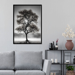 Plakat w ramie Czarno białe zdjęcie drzewo we mgle