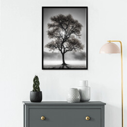 Plakat w ramie Czarno białe zdjęcie drzewo we mgle
