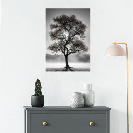 Plakat Czarno białe zdjęcie drzewo we mgle