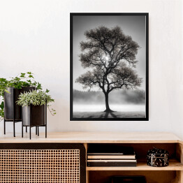 Obraz w ramie Czarno białe zdjęcie drzewo we mgle