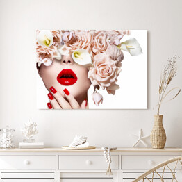 Obraz na płótnie Dziewczyna z jasnymi różami, czerwonymi ustami i paznokciami