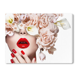 Obraz na płótnie Dziewczyna z jasnymi różami, czerwonymi ustami i paznokciami