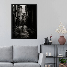 Obraz w ramie Wąska uliczka. Czarno biały krajobraz miasta
