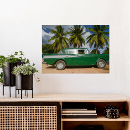 Plakat Zielony samochód na ulicy w Hawanie na Kubie