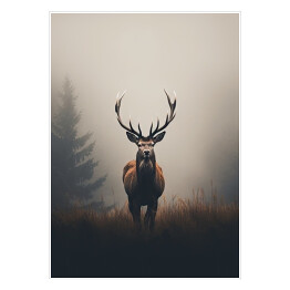 Plakat samoprzylepny Jeleń na tle lasu we mgle