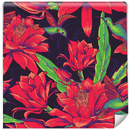 Tapeta samoprzylepna w rolce Koliber wśród czerwonych egzotycznych kwiatów na ciemnym tle