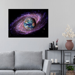 Plakat Planeta na tle Galaktyki w ciemnej przestrzeni