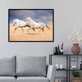 Plakat w ramie Grupa jasnych koni galopująca na pustyni