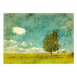 Plakat Obraz drzewa na łące w pochmurny dzień
