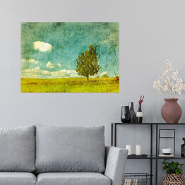 Plakat Obraz drzewa na łące w pochmurny dzień
