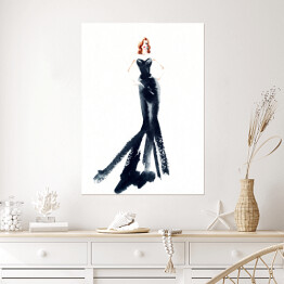 Plakat Kobieta w długiej, czarnej sukience - rysunek żurnalowy