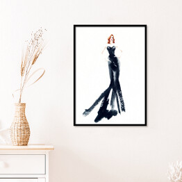 Plakat w ramie Kobieta w długiej, czarnej sukience - rysunek żurnalowy