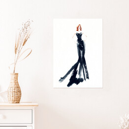 Plakat Kobieta w długiej, czarnej sukience - rysunek żurnalowy