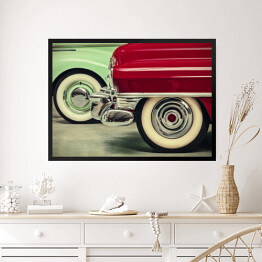 Obraz w ramie Czerwony i miętowy samochód w stylu retro