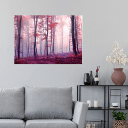 Plakat samoprzylepny Jesienny las w odcieniach fioletu i czerwieni