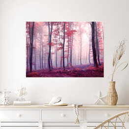 Plakat Jesienny las w odcieniach fioletu i czerwieni