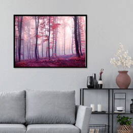 Plakat w ramie Jesienny las w odcieniach fioletu i czerwieni