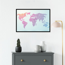 Plakat w ramie Mapa świata złożona z małych kolorowych kwadratów