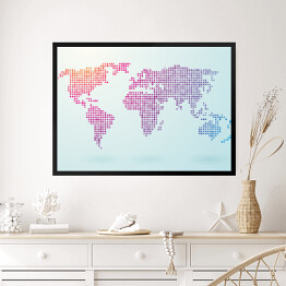 Obraz w ramie Mapa świata złożona z małych kolorowych kwadratów