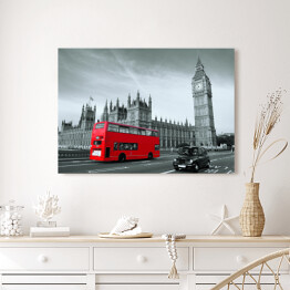Obraz na płótnie Czerwony autobus na czarno-białym tle Pałacu Westminsterskiego w Londynie