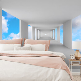 Fototapeta Pusty biały korytarz z niebem 3D