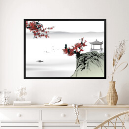 Obraz w ramie Chiński obraz w odcieniach szarości i czerwieni