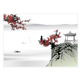 Plakat samoprzylepny Chiński obraz w odcieniach szarości i czerwieni
